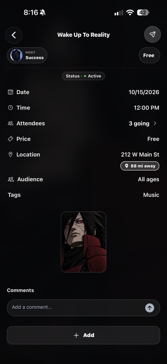 An Intervite event detail page with host, date, time, location, and attendance