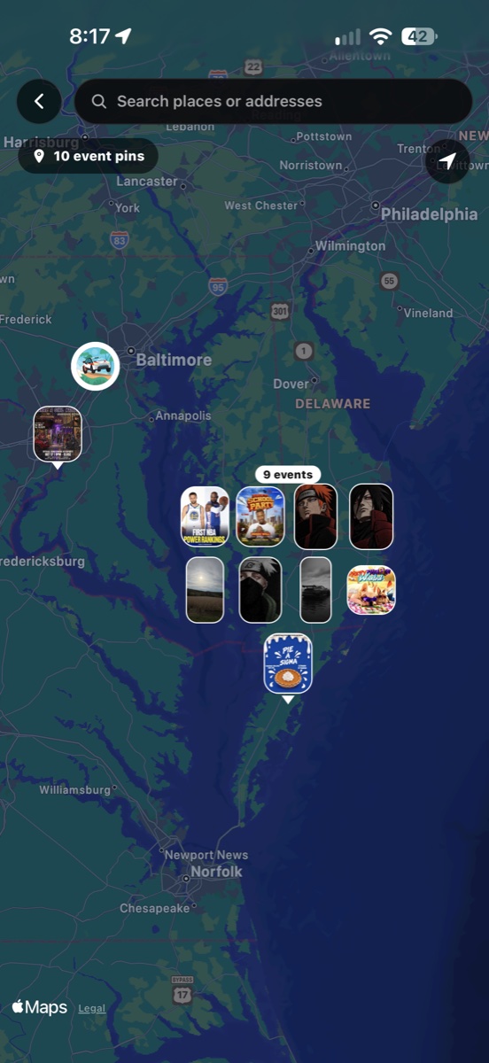 Intervite event map showing event pins and a location search