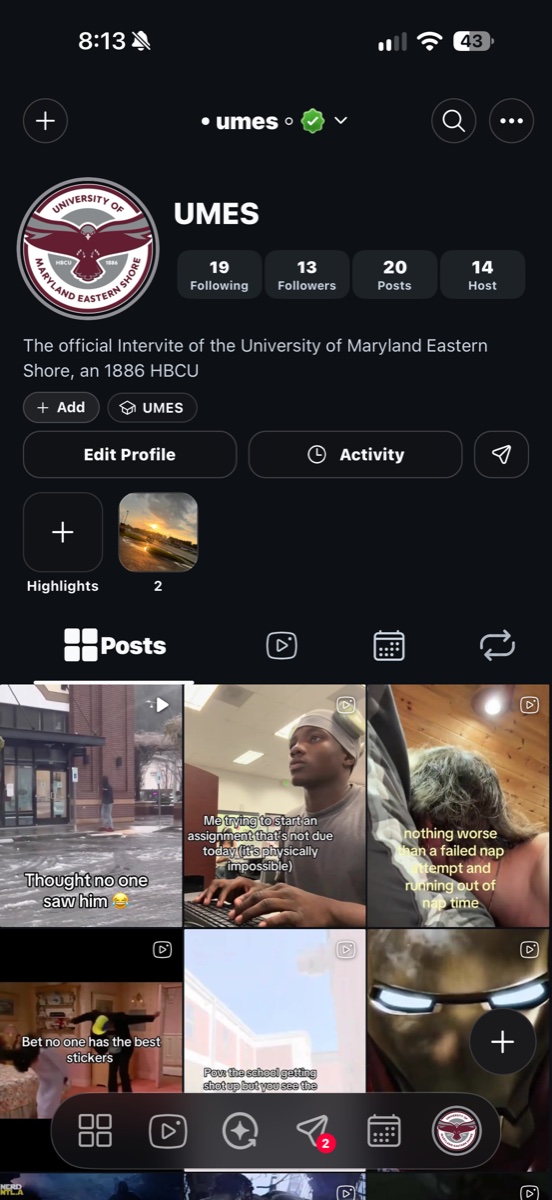 The UMES Intervite profile with highlights and a post grid