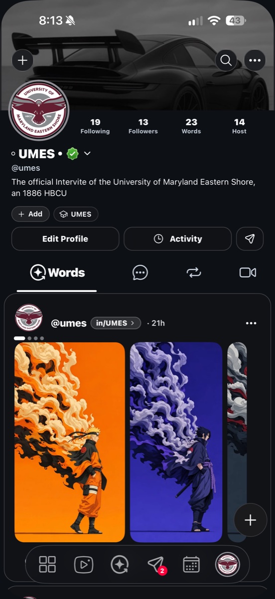 The UMES Wordz profile with a personalized banner and image posts