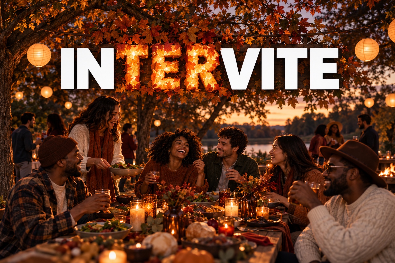 Intervite lettering with autumn-leaf TER above a gathering under lanterns