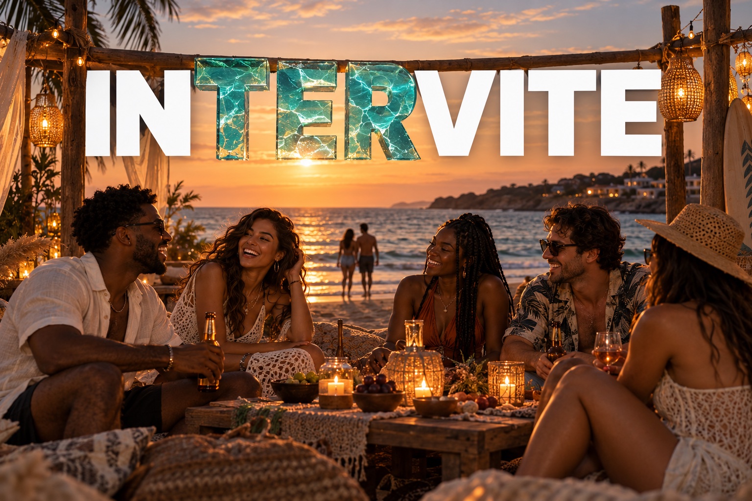 Intervite lettering with sea-glass TER above friends at a coastal sunset