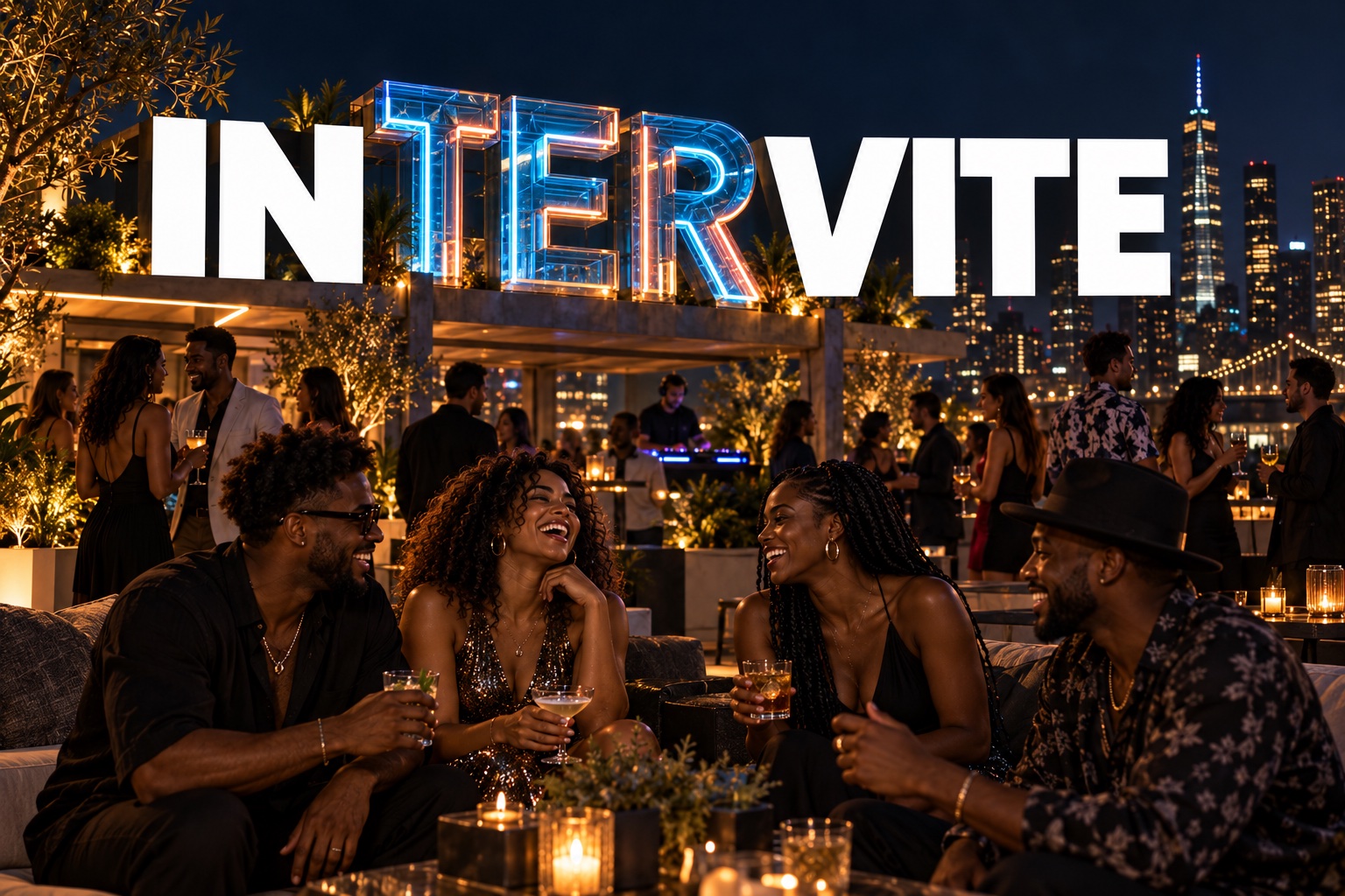 Intervite in oversized lettering, with TER made of illuminated glass, above friends at a rooftop event